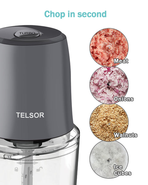 TELSOR Food Processor, Small Food Processor for Vegetables, Meat, Fruits, Nuts, 2 Speed Mini Food Chopper With Sharp Blades, 2-Cup Capacity, Silver