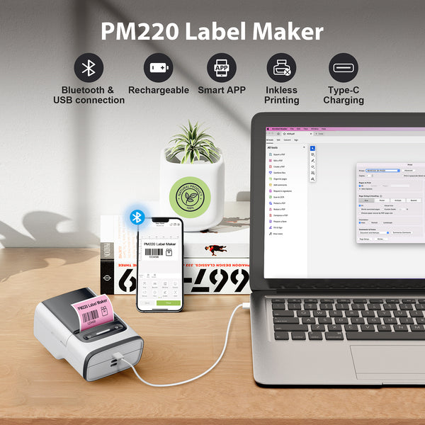 Nelko Label printing machines with Tape, PM220 Bluethooth Label Printer, 2 Inch Portable Thermal Printer for Small Business, Address, Logo, Clothing, Sticker Printer for Phones & PC, White