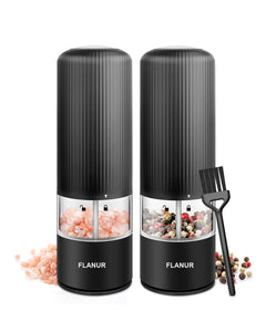 FLANUR Electric Salt and Pepper Grinder Set, Automatic Pepper Grinder Battery Operated with Adjustable Coarseness, Electric Pepper Mill Set with Light, Ceramic Grinders (2 Pack)