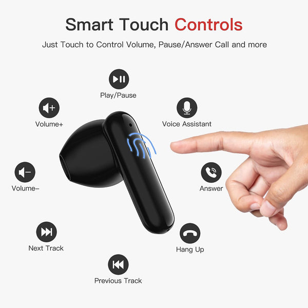 Delkan Wireless Earbuds for iPhone, Bluetooth Headphones Touch Control Stereo Sound Bluetooth Earbuds with Noise Cancelling Mic for Calls, 30H Playtime, IPX7 Waterproof Earbuds for Android, Black