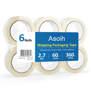 Packing Tape for Moving Boxes, Asoih 6 Rolls Heavy Duty Packaging Tape, 2.7 mil, 1.88" x 54.6 Yd, Clear Tape Refill for Packing, Shipping, Moving and Mailing, Strong Seal on All Box Types, 3" Core