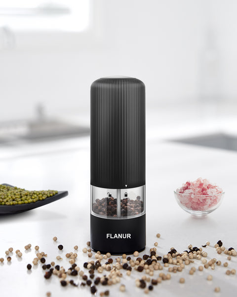 FLANUR Electric Salt and Pepper Grinder Set, Automatic Pepper Grinder Battery Operated with Adjustable Coarseness, Electric Pepper Mill Set with Light, Ceramic Grinders (2 Pack)