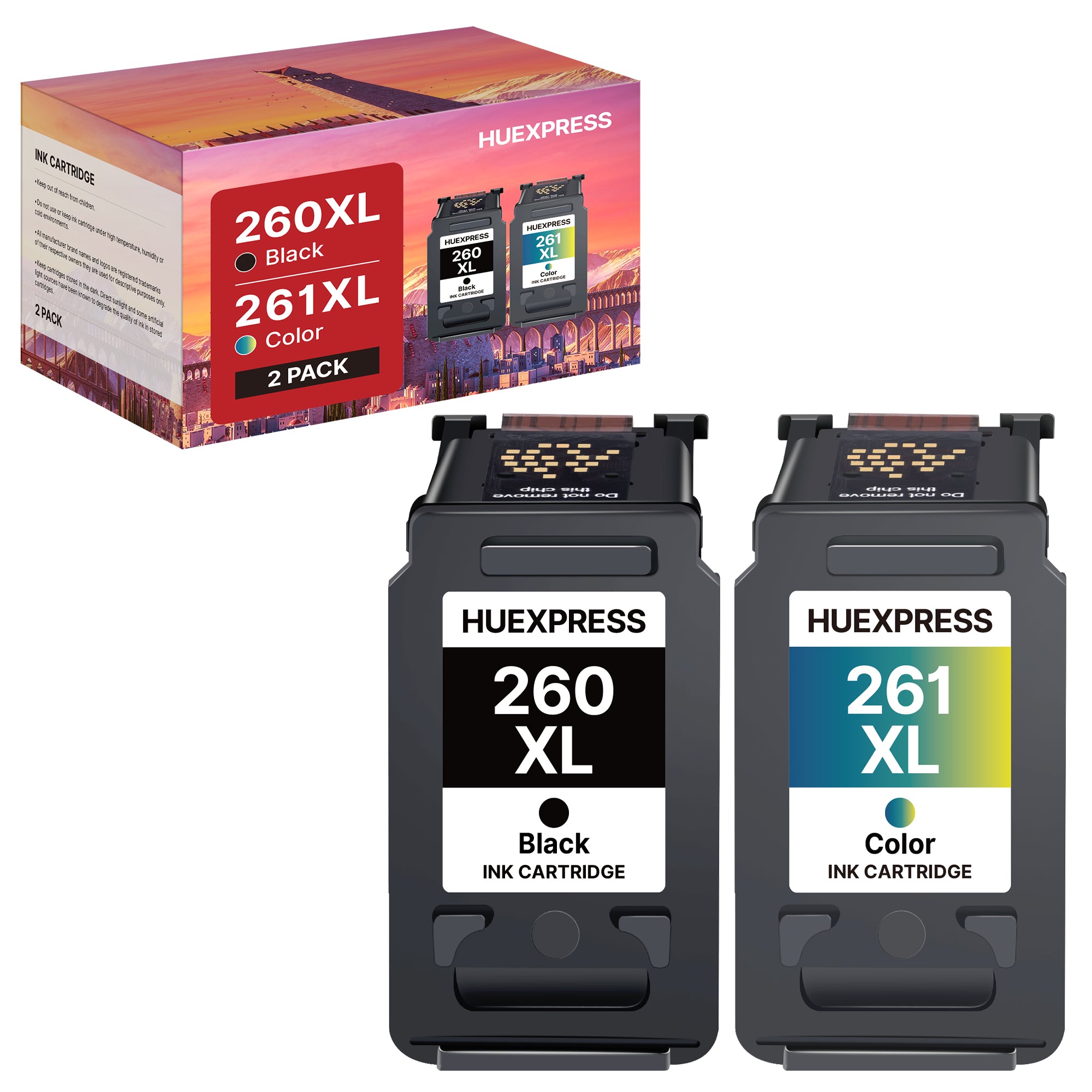 HUEXPRESS Ink cartridges PG-260 XL/CL-261 XL Ink Cartridges Relpacement for Canon 260 and 261 Ink Cartridges High Yield 260 261 XL ink cartridges for Canon Printers TR7020 TS6420 TS5320 TR7022 TR7020a TR6420a TR7022a (2 Pack)