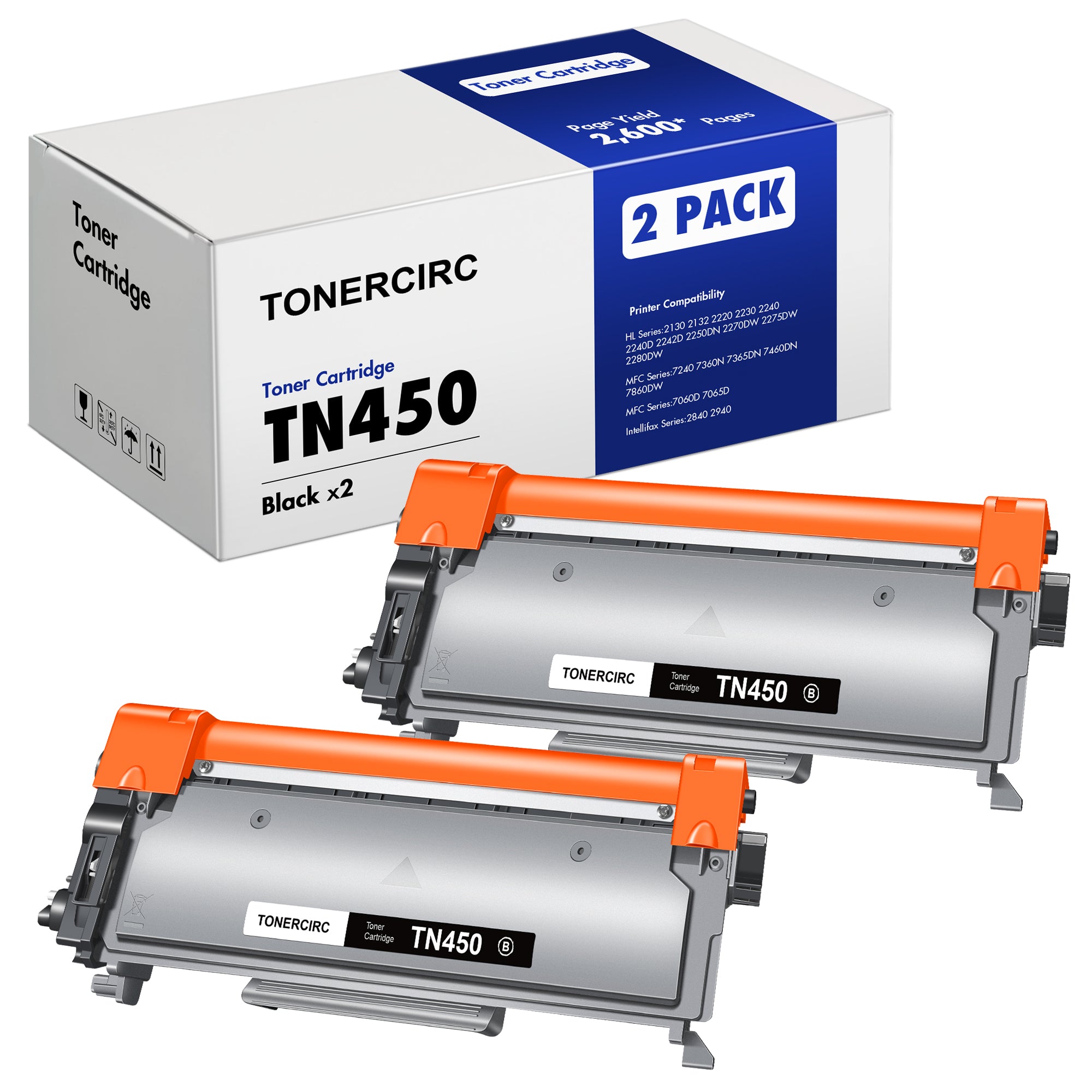 TONERCIRC Compatible Toner Cartridge Replacement for Brother TN450 TN-450 TN420 to use with HL-2270DW HL-2280DW HL-2240 MFC-7360N DCP-7065DN MFC7860DW Intellifax 2840 2940 Printer, 2 Pack (Black)