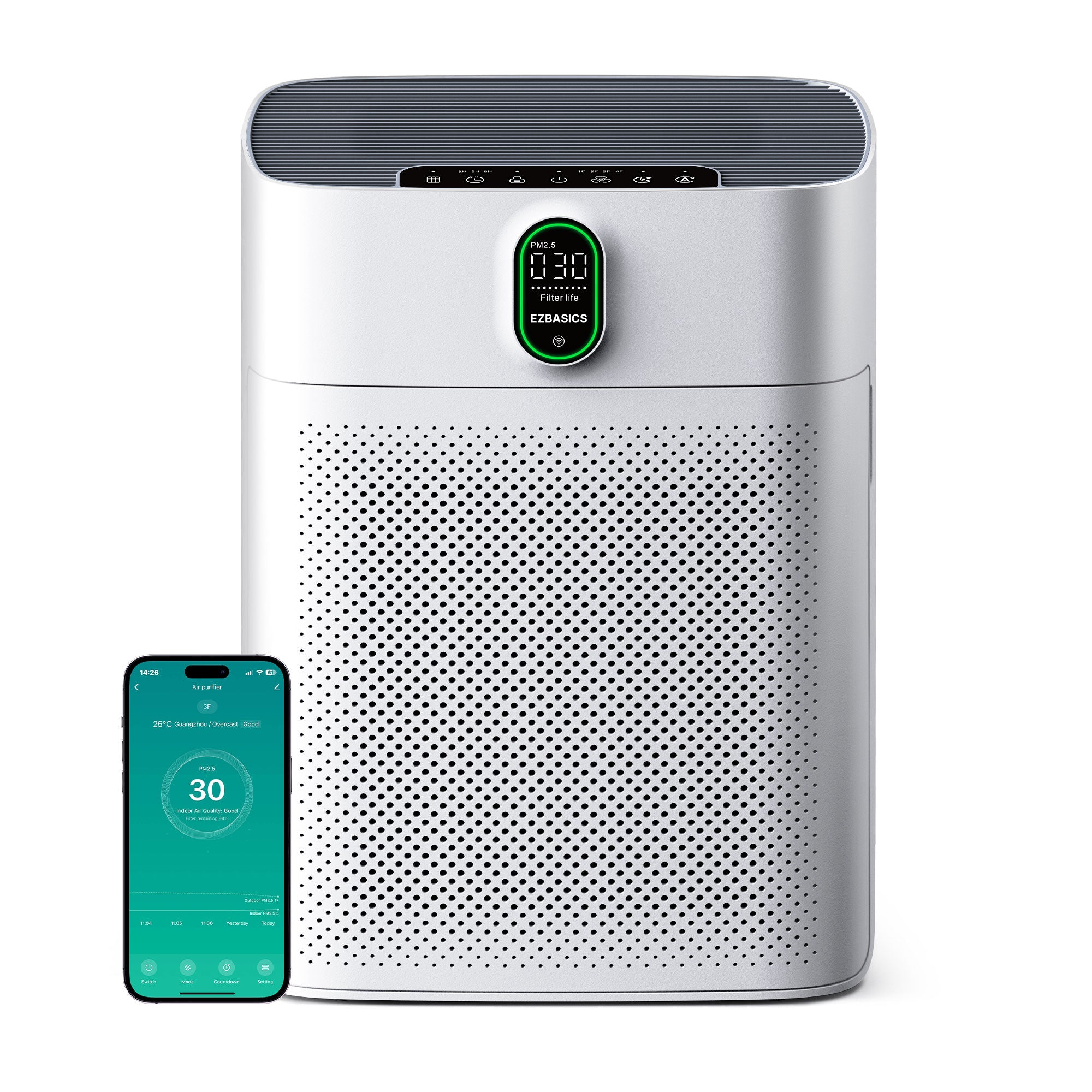 EZBASICS Air Purifier for home Large Rooms up to 1076 ft2, Wi-Fi and Alexa compatible, PM2.5 Air Quality Display, Auto Mode, HEPA Filter Removes Dust, Pollen, Smoke 1 Pack +2 Pack Filters(White)