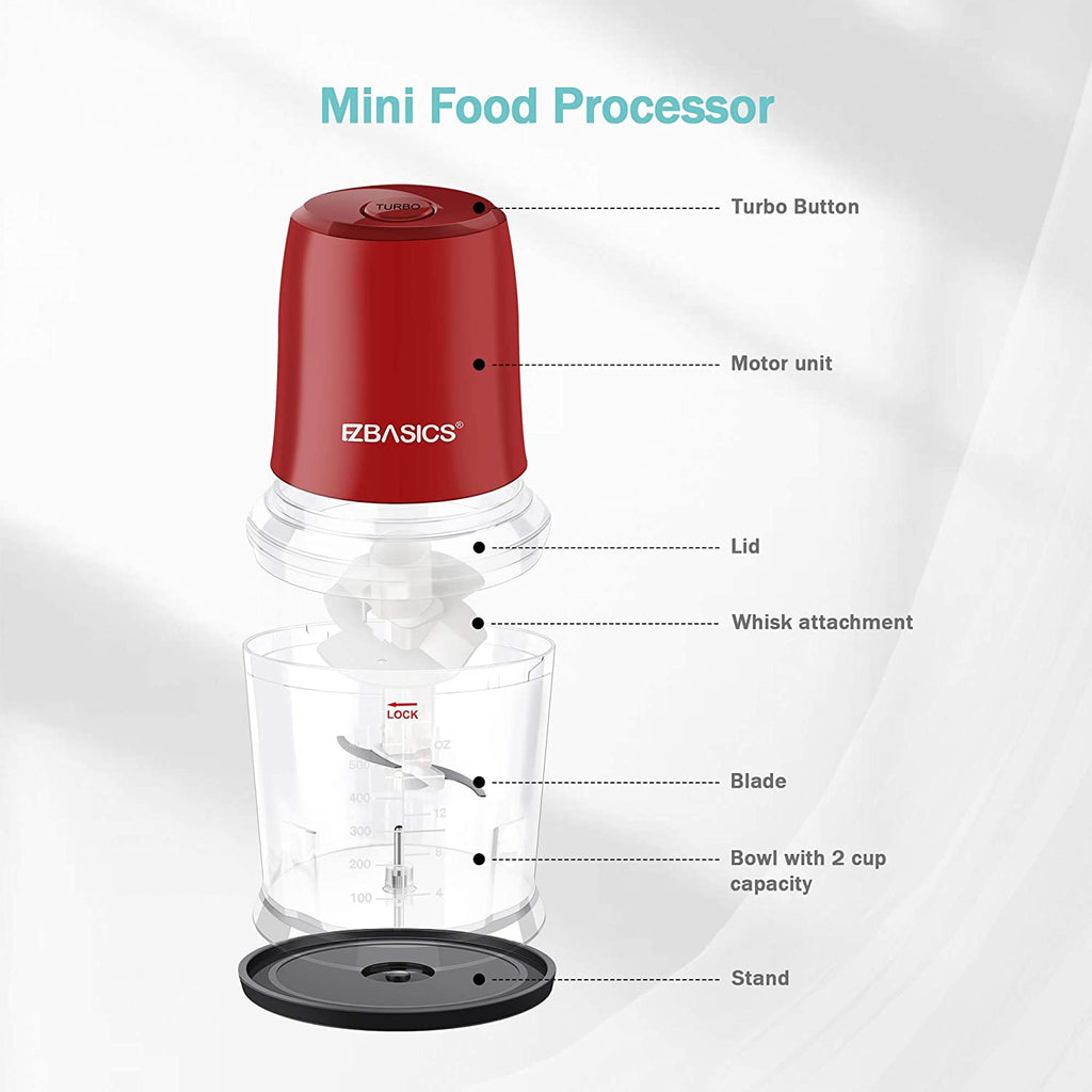 EZBASICS Electric Food Processor, Mini Food Chopper/Grinder for Kitchen,  2-Cup Capacity, 2 Speed Mode, with Sharp Blades, Silver 